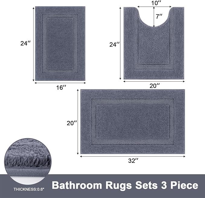 SHACOS Grey Bathroom Rugs Sets 3 Piece, Soft Fluffy Water Absorbent Bath Rugs - Image 3