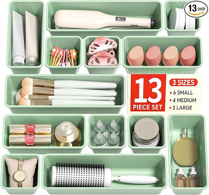 13 Pack Plastic Drawer Organizers Set, 3 Sizes Desk Drawer Organizer Trays by Canfanni