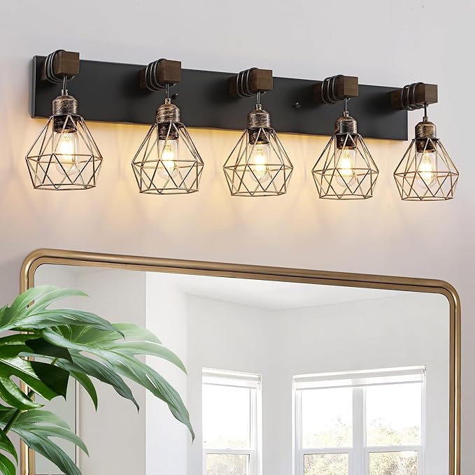 Farmhouse Bathroom Vanity Light Fixtures, 5-Light Wood Bathroom Light Fixtures by MAESTA