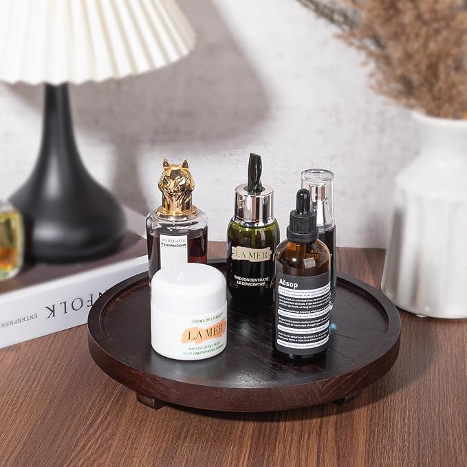 Round Decorative Tray Wood Bathroom Counter Organizer Farmhouse Kitchen Decor - Image 2