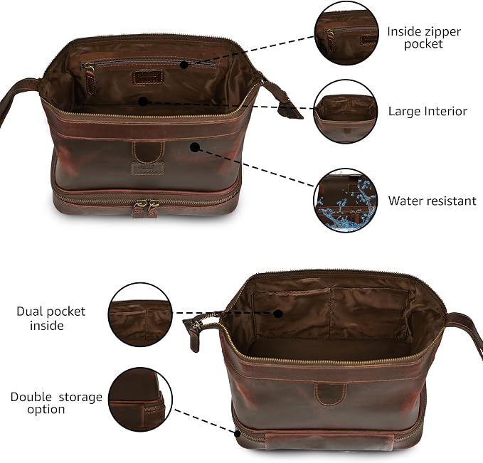 LEATHER VILLAGE Genuine Leather Dopp Kit – Large Travel Toiletry Bag - Image 4