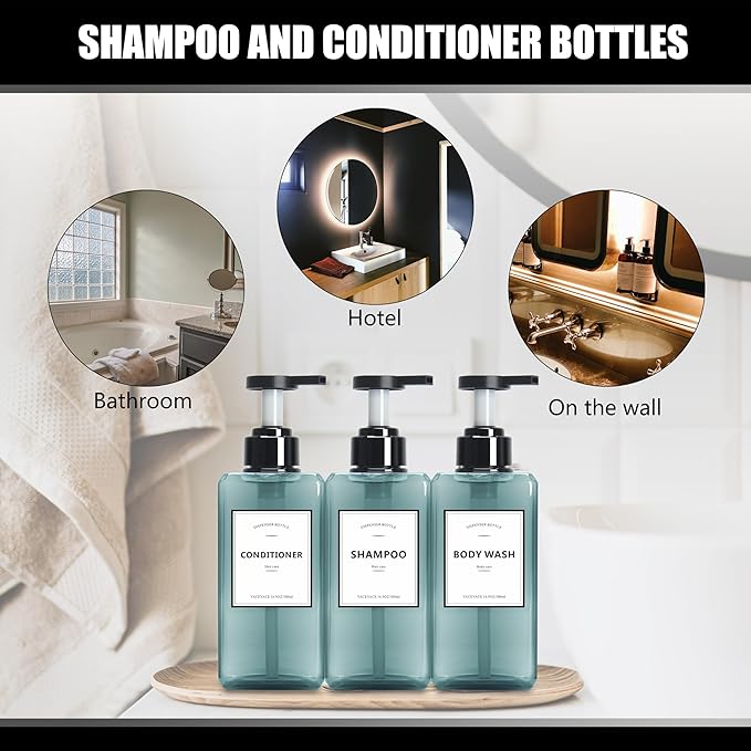 25oz Set of 3 Clear Blue Refillable Pump Bottles, Shampoo & Soap Dispenser - Image 7