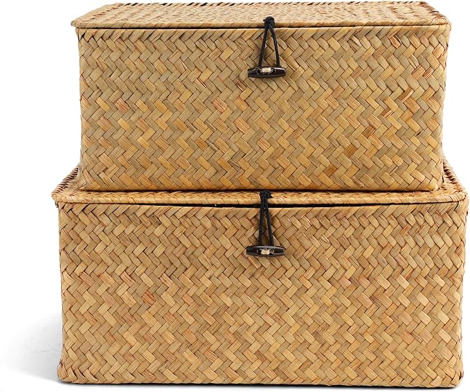 Nonam Storage Basket with Lid, Natural Seagrass Bin with Lid Set of 2, Shelf - Image 2