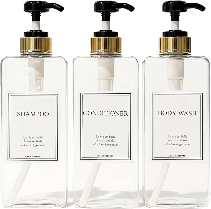 Modern Gold Design Shampoo and Conditioner Dispenser, Large 27oz Shower Soap by HARRA+HOME