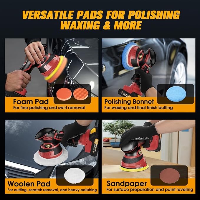 Cordless Car Buffer Polisher kit 6-Speed Orbital Design, LED Display, - Image 6