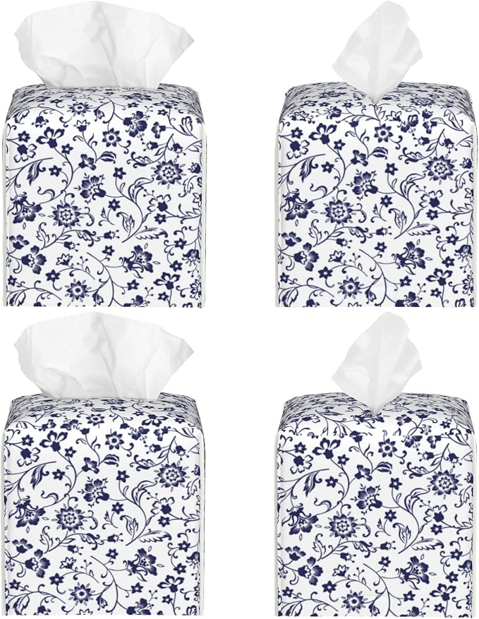 Blue and White Tissue Box Cover Square, Abstract Blue Flowers Tissue Box Holder - Image 2