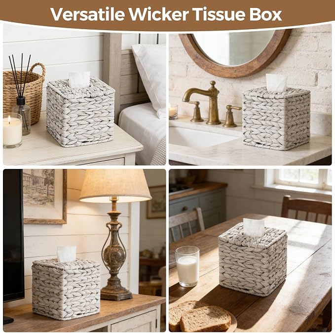Tissue Box Cover, Square Wicker Tissue Box Holder Facial Tissues Boxes - Image 7