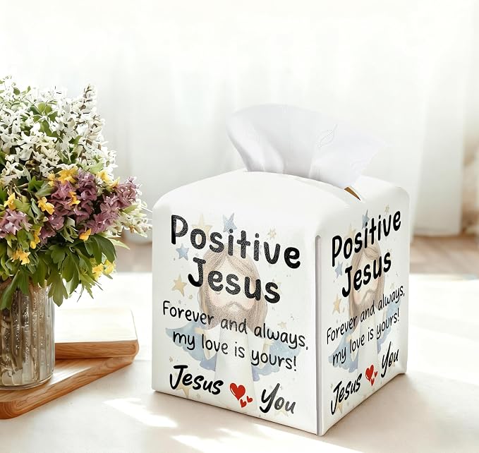Positive Jesus Tissue Box Cover Square, Catholic Religious Waterproof Leather - Image 3