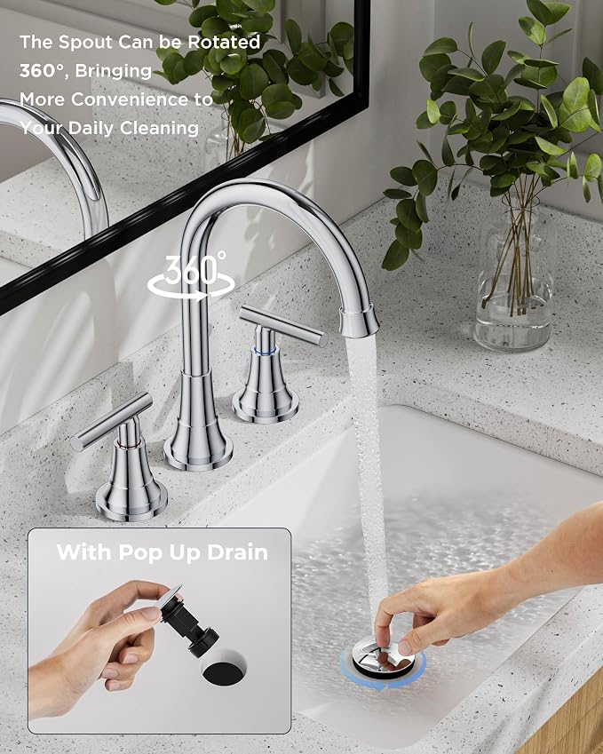 FORIOUS Chrome Bathroom Faucet Vanity 3 Holes, 8 Inch Widespread Polished - Image 6
