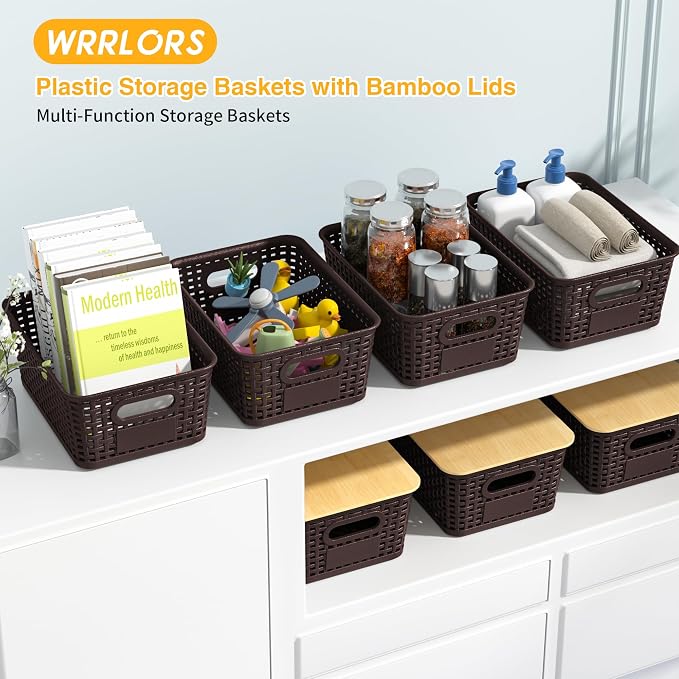 Plastic Storage Baskets with Bamboo Lids and Labels, Stackable Storage - Image 2