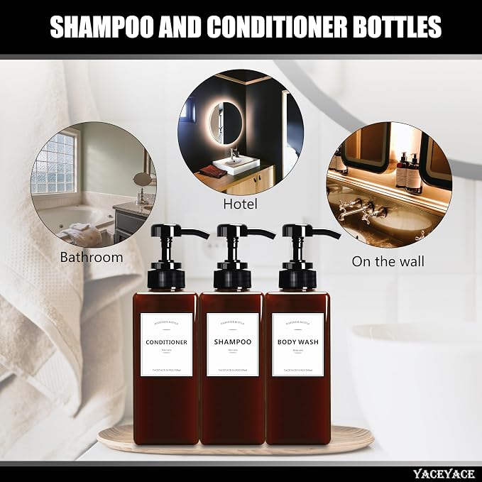 Shower Bottles with Pump, YACEYACE 16.9oz Set of 3 Amber Shampoo Dispenser - Image 7