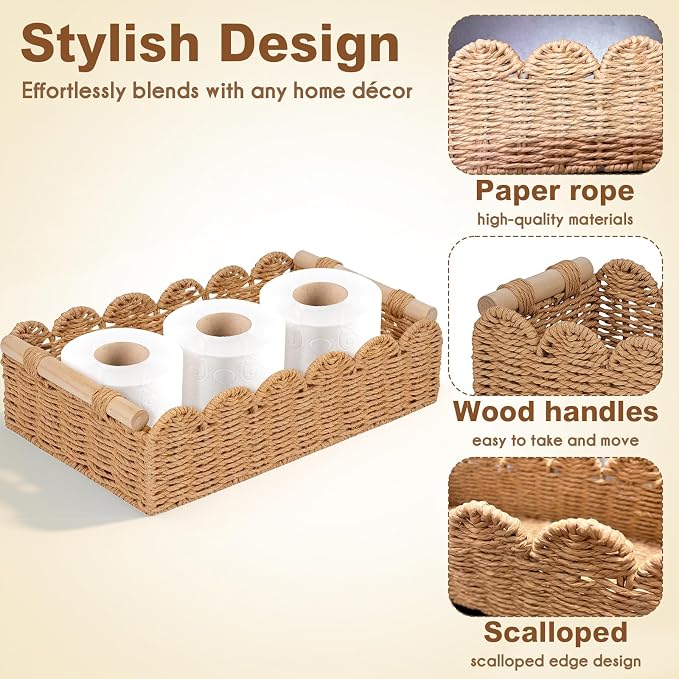 Set of 2 Paper Rope Scalloped Edge Decor Baskets, Small Storage Basket and - Image 3