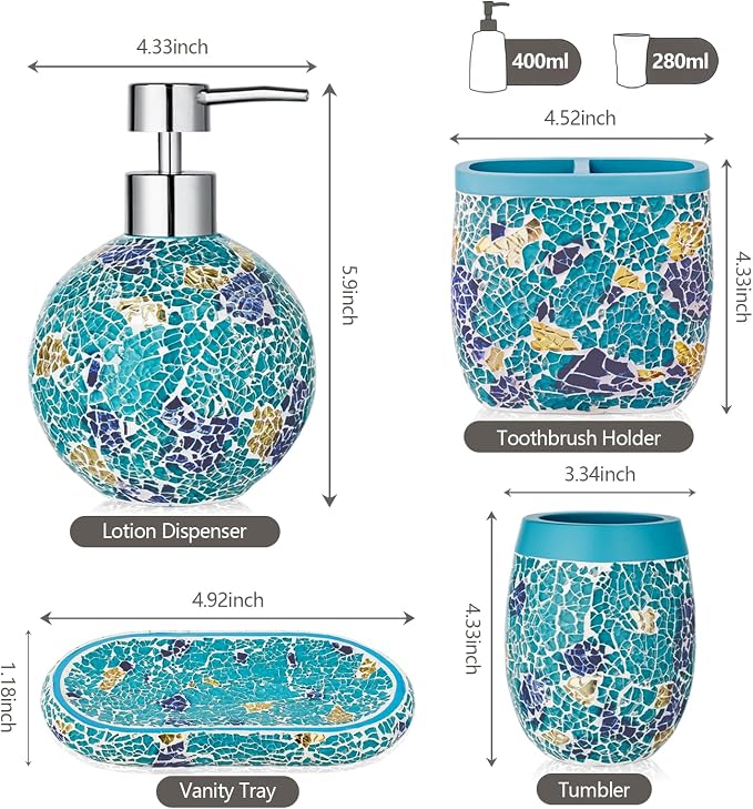 Handmade Blue Mosaic Glass Bathroom Accessory Sets 4PCS Bathroom Accessories - Image 7