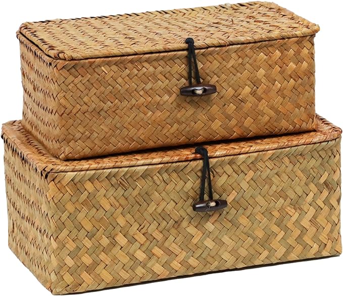 Set of 2 Wicker Basket with Lid, Seagrass Woven Basket by ORDELITE