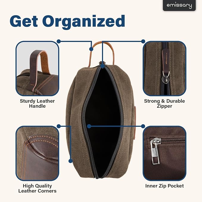 emissary Men's Toiletry Bag, Leather and Canvas Travel Toiletry Bag, Dopp Kit - Image 2