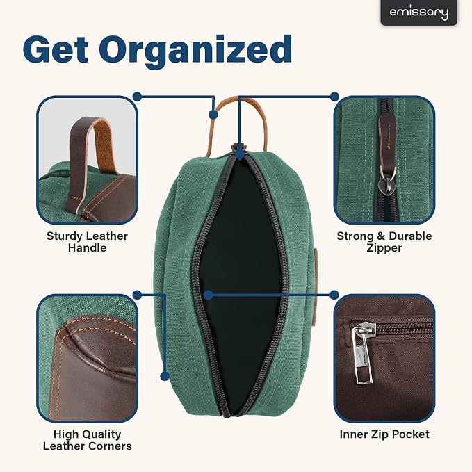 emissary Men's Toiletry Bag, Leather and Canvas Travel Toiletry Bag, Dopp Kit - Image 2