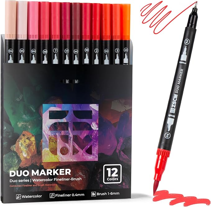 Red Duo Tip Marker Pens, 12 Pack Fine & Brush Markers by ZSCM