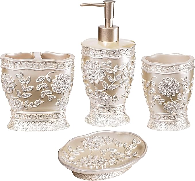 Zahari Home 4pc Rose Vine Bathroom Accessories Sets Lotion Pump, Tooth Brush by ZahariHome