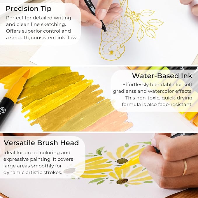 Yellow Duo Tip Marker Pens, 12 Pack Fine & Brush Markers - Image 3