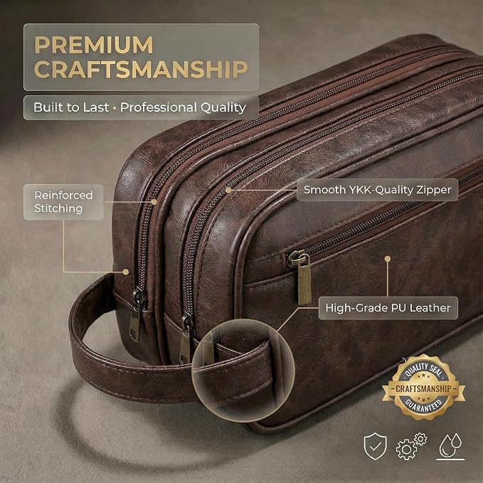 Men’s Toiletry Bag Travel Dopp Kit–double-deck PU Leather Water-Resistant - Image 6