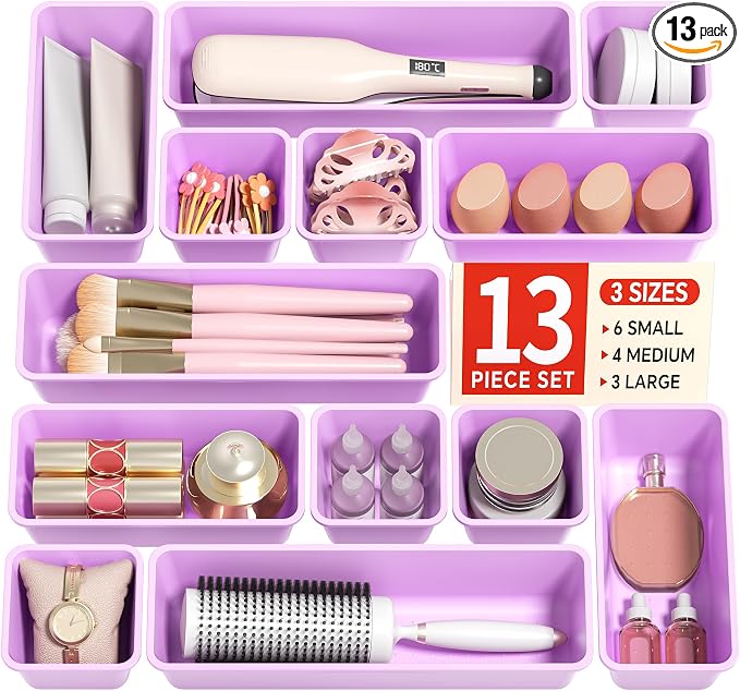 13 Pack Plastic Drawer Organizers Set, 3 Sizes Desk Drawer Organizer Trays by Canfanni