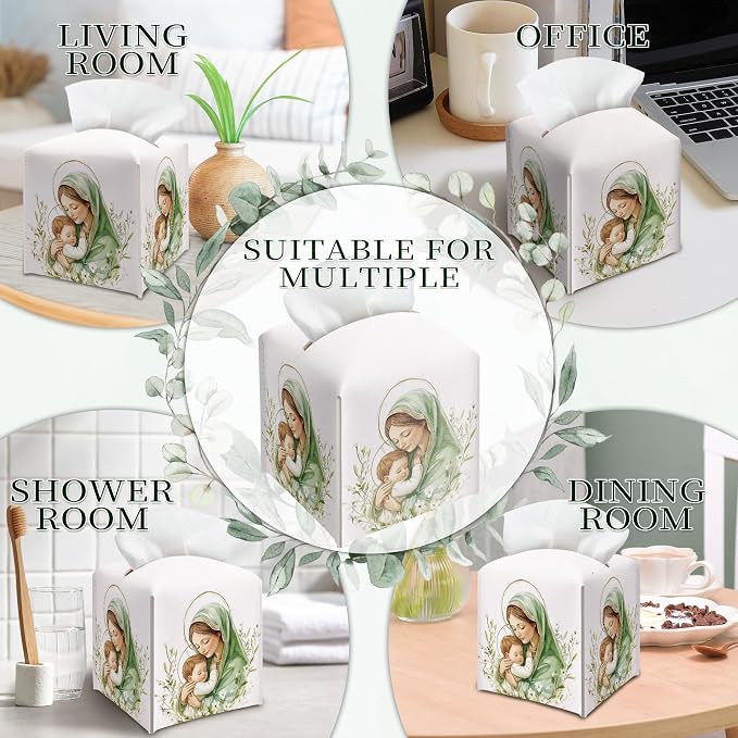 Holy Infant & Virgin Mary Square Tissue Box Cover, PU Leather Drawstring Bottom - Image 6