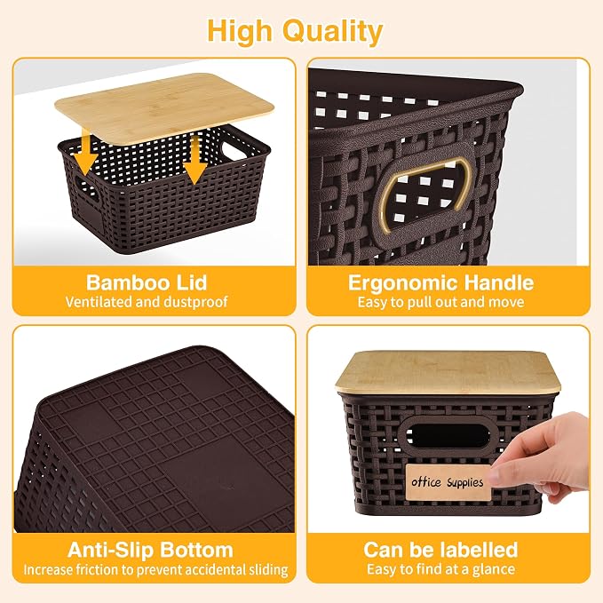 Plastic Storage Baskets with Bamboo Lids and Labels, Stackable Storage - Image 7