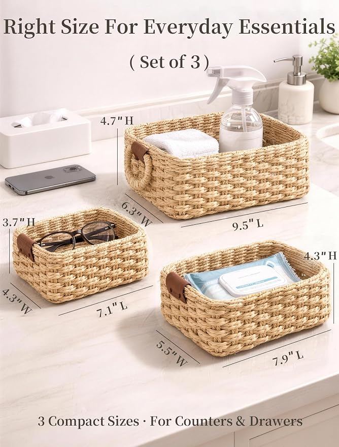Storage Basket, Recycled Paper Rope Bathroom Basket Organizer, Mini wicker - Image 2