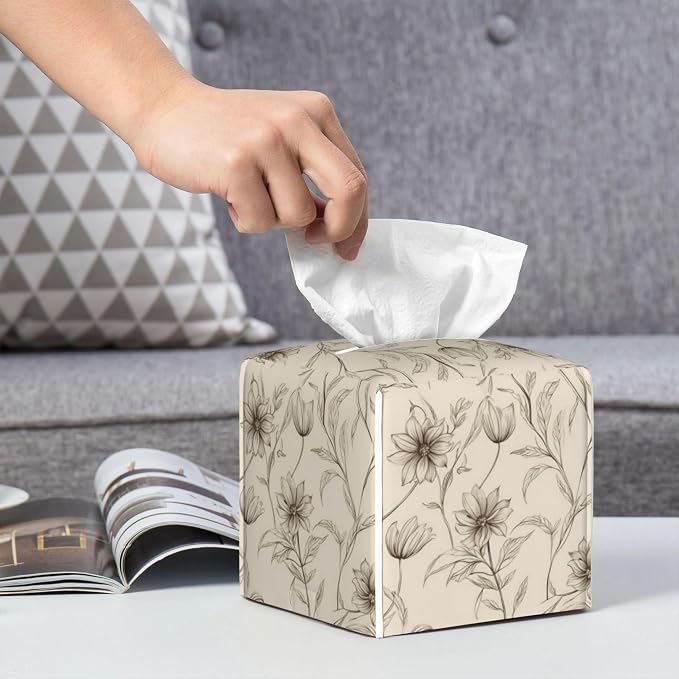 Boho Minimalist Flowers Tissue Box Cover Square, Abstract Line Floral Tissue - Image 6