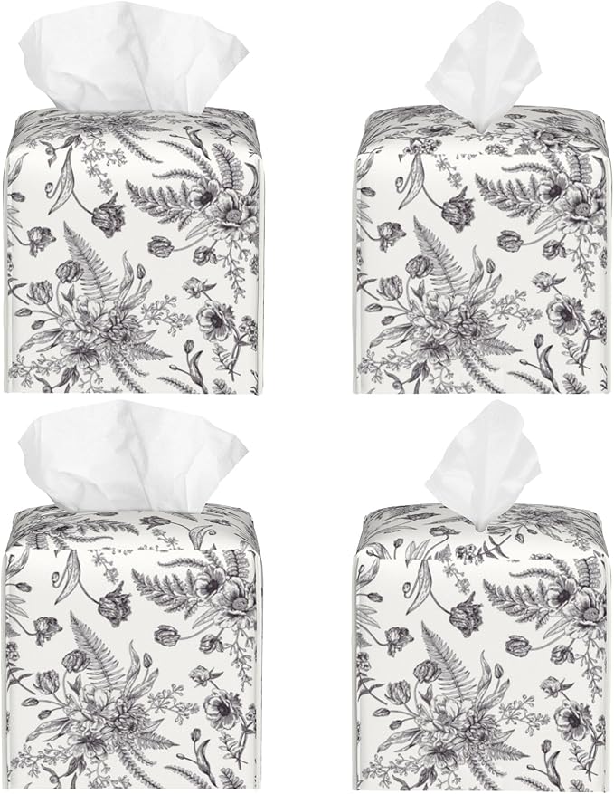 Black and White Flowers Tissue Box Cover Square, Vintage Floral Plant Leaves - Image 2