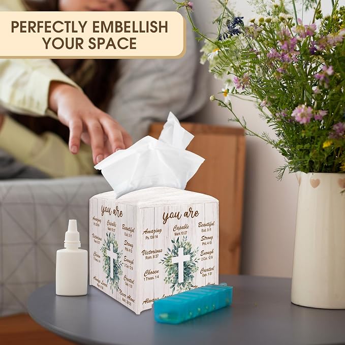 Bible Verse Decorative Tissue Box Cover Square, Leaves Tissue Box Cover Holder - Image 6