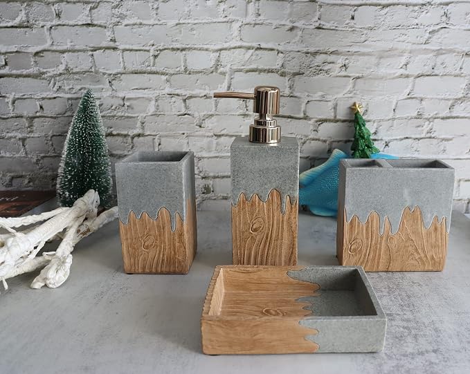 Hymmah Bathroom Accessories Set, Wooden Design Toothbrush Holder, Farmhouse - Image 4