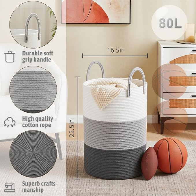 Laundry Basket, Woven Cotton Rope Laundry Hamper, 80L - Image 6