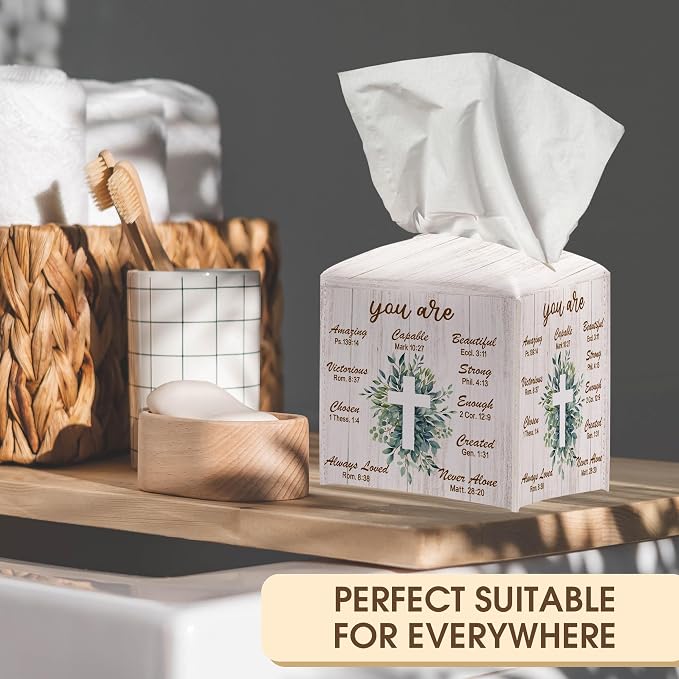 Bible Verse Decorative Tissue Box Cover Square, Leaves Tissue Box Cover Holder - Image 5