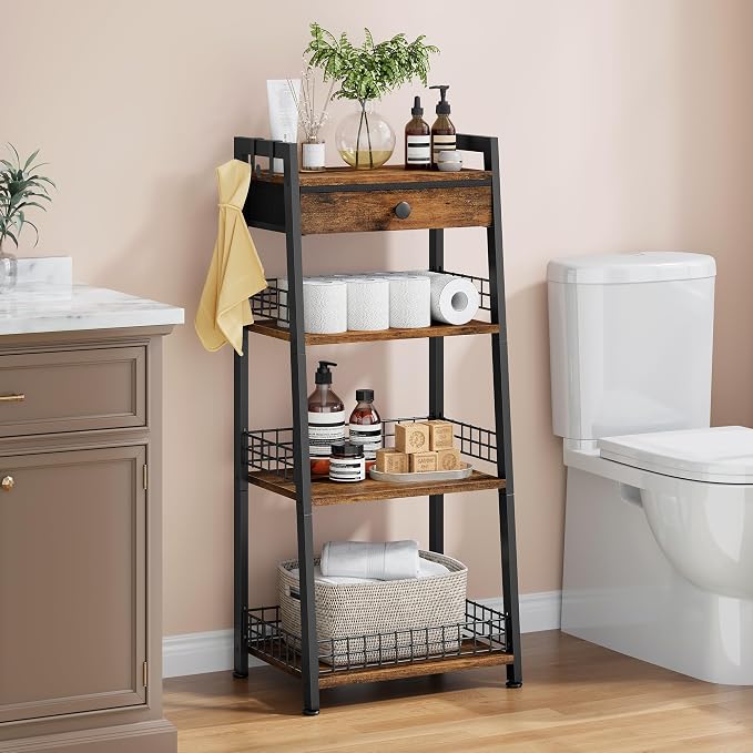 4-Tier Ladder Shelf with Drawer, Bathroom Table Stand - Image 2