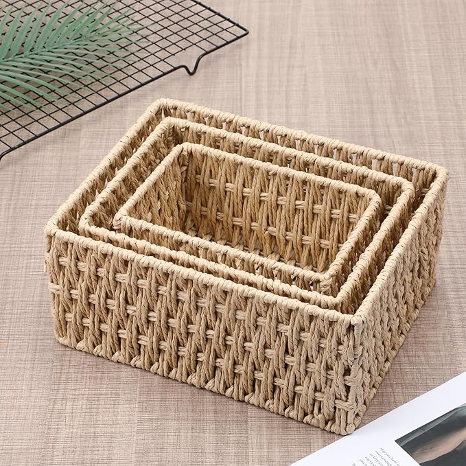 3 Pack Wicker Baskets for Organizing, Toilet Tank Basket for Bathroom, - Image 2