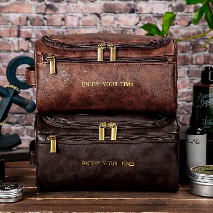 Flycalf Mens Toiletry Travel Bag Customized Mens Leather Toiletries Grooming Bag - Image 5