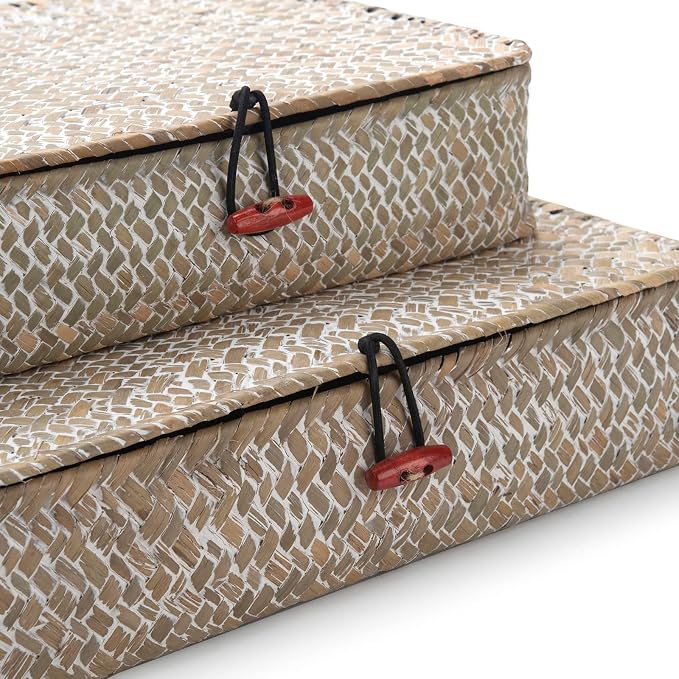 Whitewash Seagrass Basket with Lid Rectangular Decorative Storage Boxes - Image 5