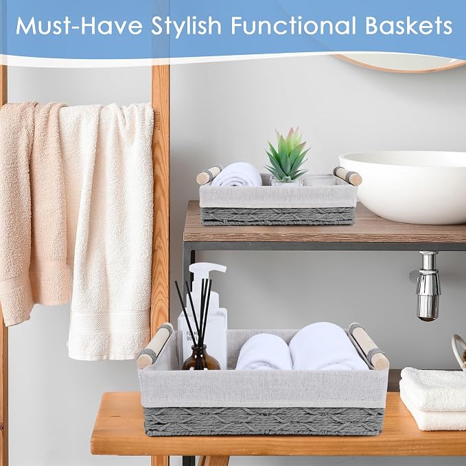 Wicker Storage Basket with Wooden Handle – Paper Rope Decorative Toilet Paper - Image 4
