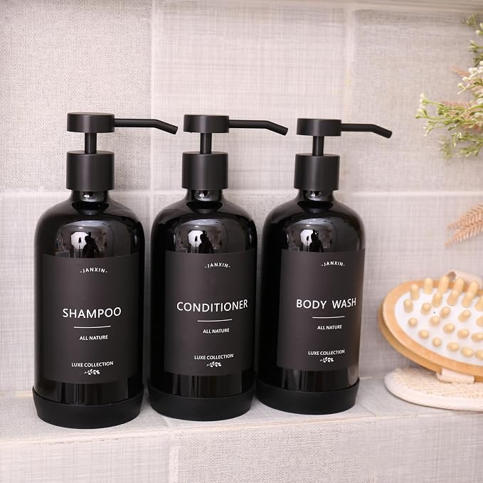 Shampoo and Conditioner Dispenser Set of 3, Refillable 21oz Shampoo Bottles - Image 5