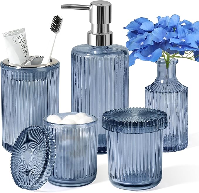 Blue Bathroom Accessories 5 Pcs, Glass Bathroom Accessory Set, Vintage Blue by ALPIRIRAL