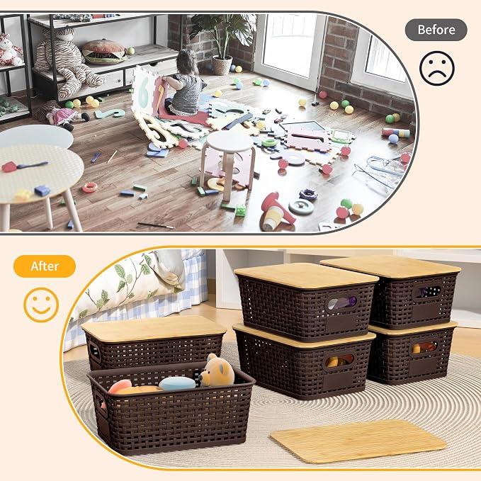 Plastic Storage Baskets with Bamboo Lids and Labels, Stackable Storage - Image 5