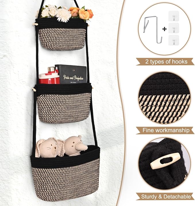 Hanging Storage Baskets, Over the Door Basket, Cotton Wall Baskets Storage - Image 6