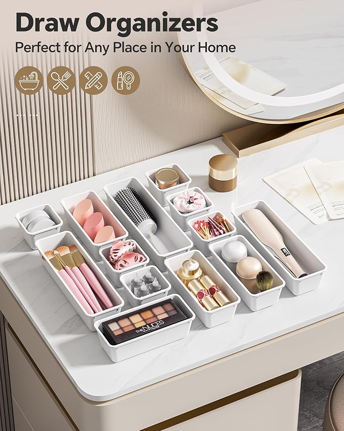 13 Pack Plastic Drawer Organizers Set, 3 Sizes Desk Drawer Organizer Trays - Image 6