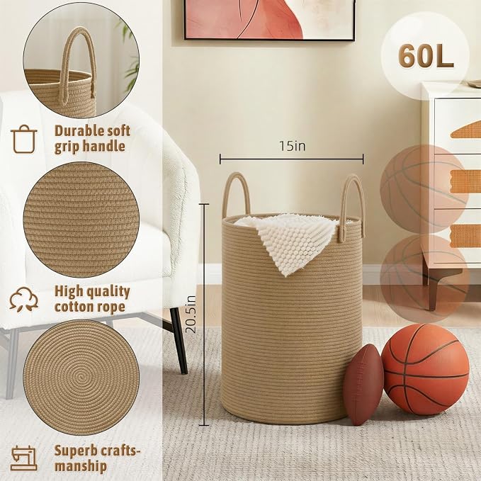 Laundry Basket, Woven Cotton Rope Laundry Hamper, 60L - Image 6