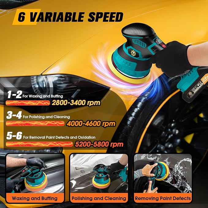 Cordless Car Buffer Polisher kit 6-Speed Orbital Design, LED Display, - Image 4