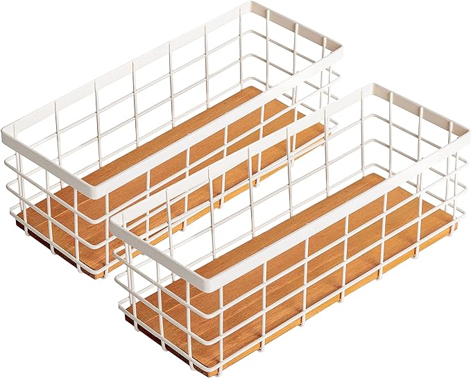 TIEYIPIN Small Metal Wire Storage Basket, Detachable Wood Base Storage by TIEYIPIN