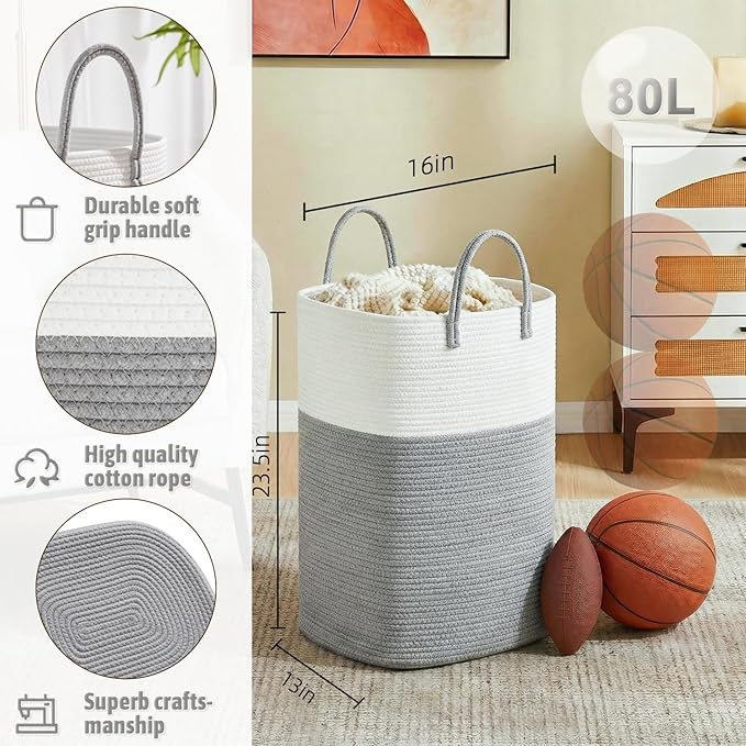 Laundry Basket, Woven Cotton Rope Laundry Hamper, Versatile Storage - Image 2