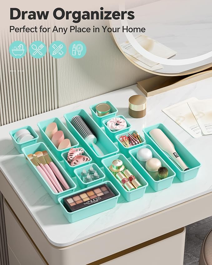 13 Pack Plastic Drawer Organizers Set, 3 Sizes Desk Drawer Organizer Trays - Image 6