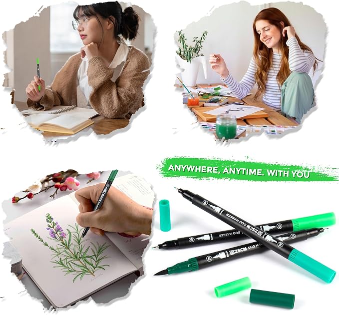 Green Duo Tip Marker Pens, 12 Pack Fine & Brush Markers - Image 7